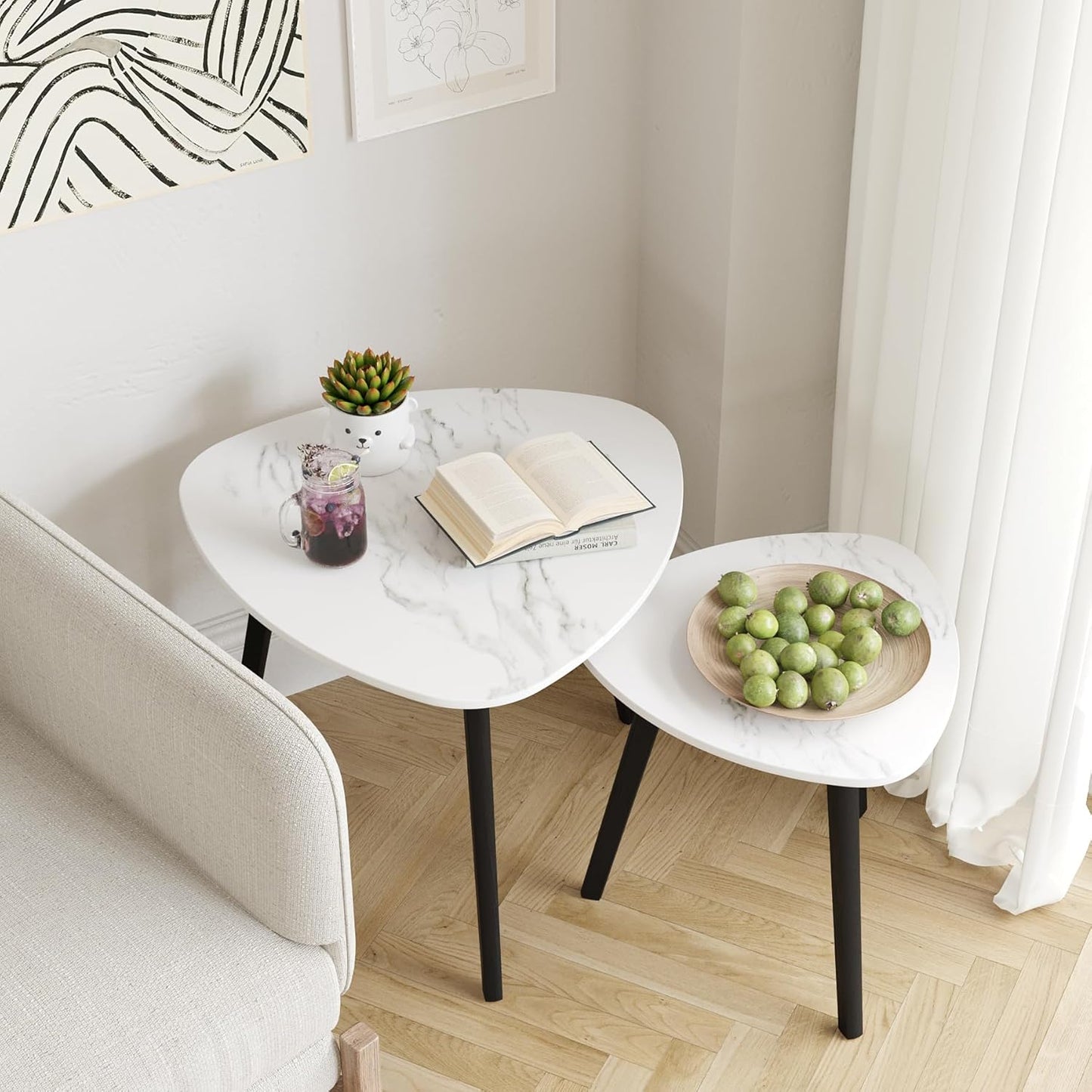 Bamboo Nesting Triangle End Table Set of 2 for Modern Living Room