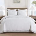 MarCielo 3-Piece Cotton White Striped Quilt Set with Botanical Edge