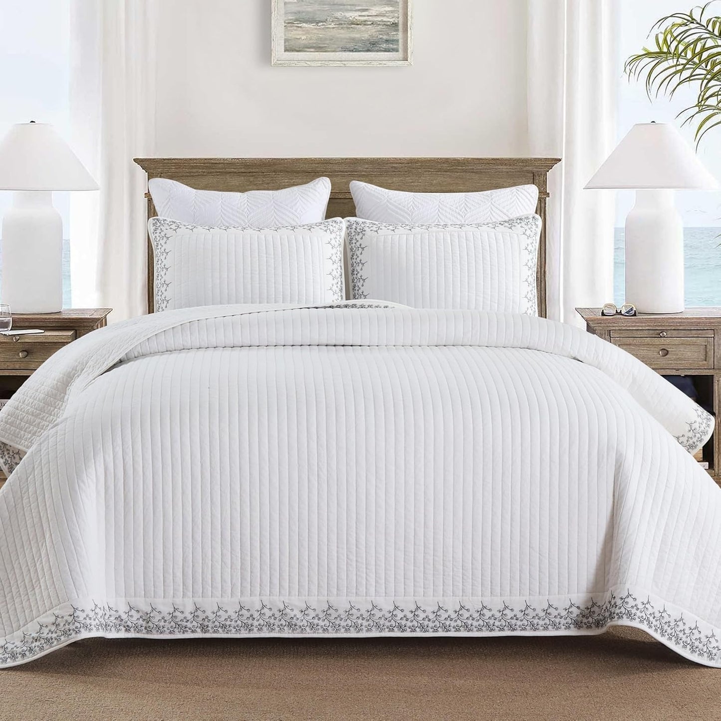 MarCielo 3-Piece Cotton White Striped Quilt Set for Comfort