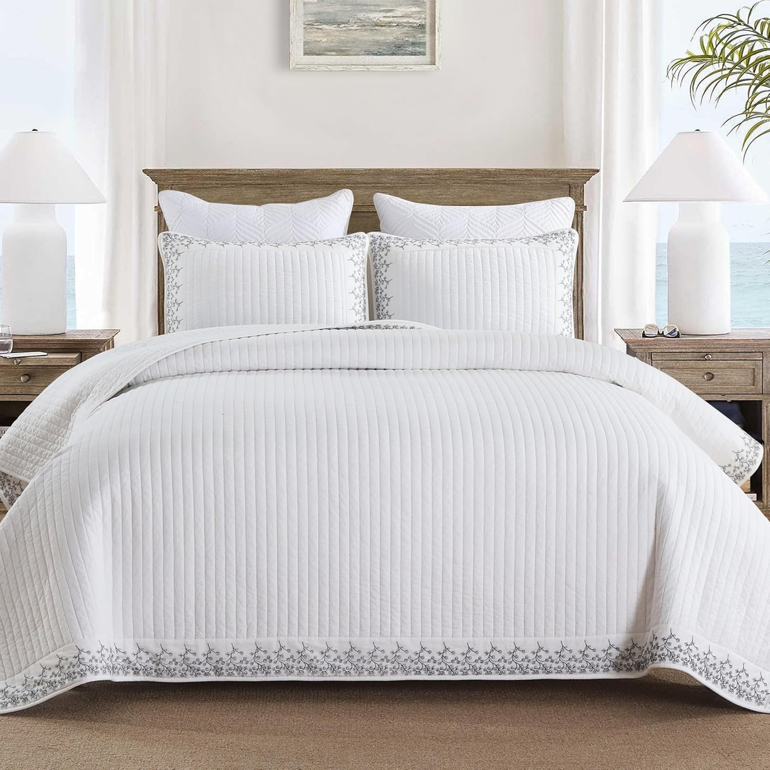 MarCielo 3-Piece Cotton White Striped Quilt Set for Comfort
