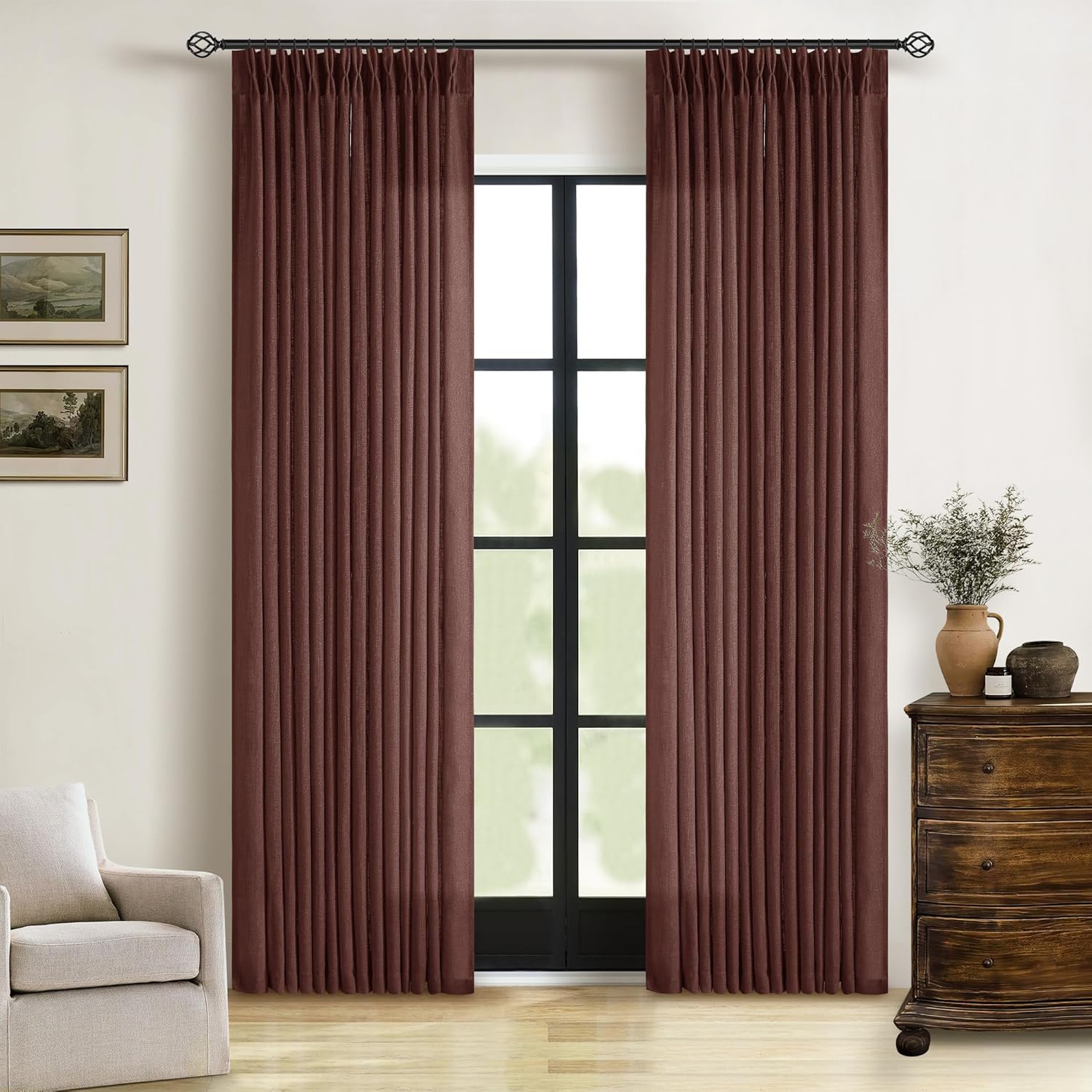 Chestnut Brown 84 Inch Pinch Pleated Linen Curtains for Home