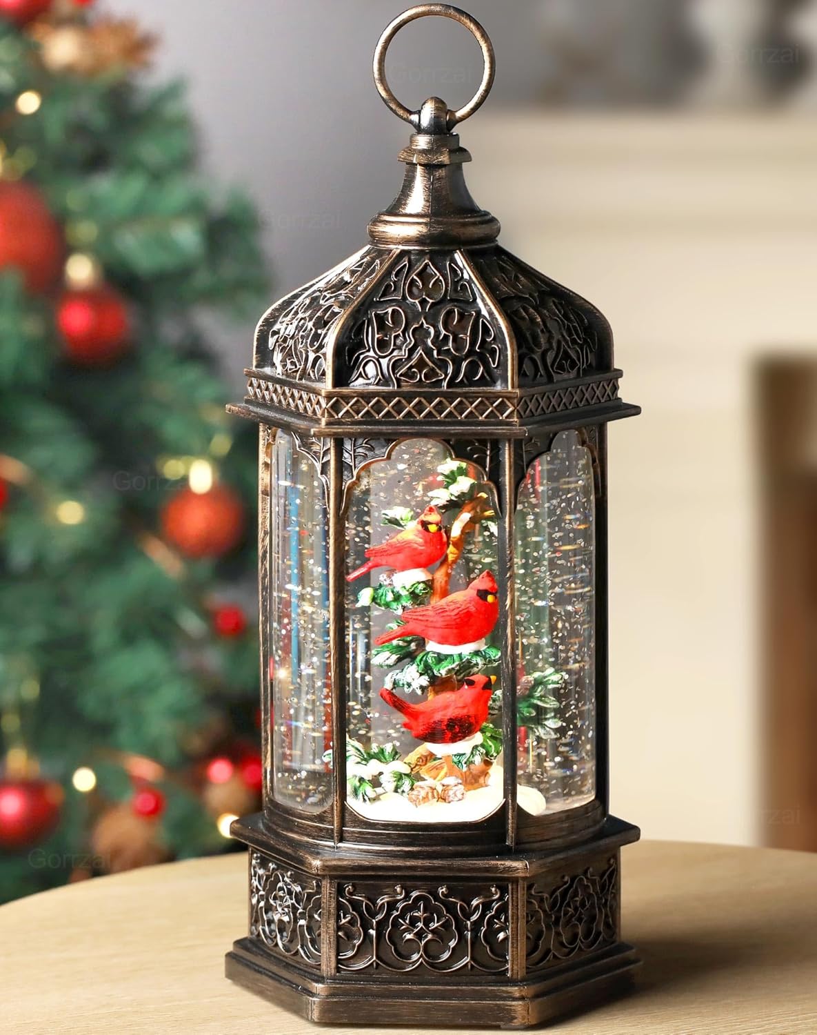 Cardinal Snow Globe Lantern with Music and Timer for Christmas