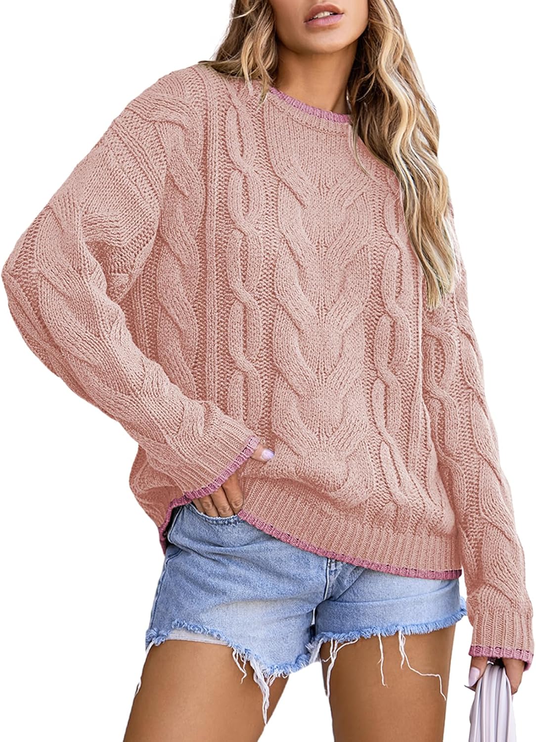 Trendy Crewneck Long Sleeve Color Block Sweater for Women
