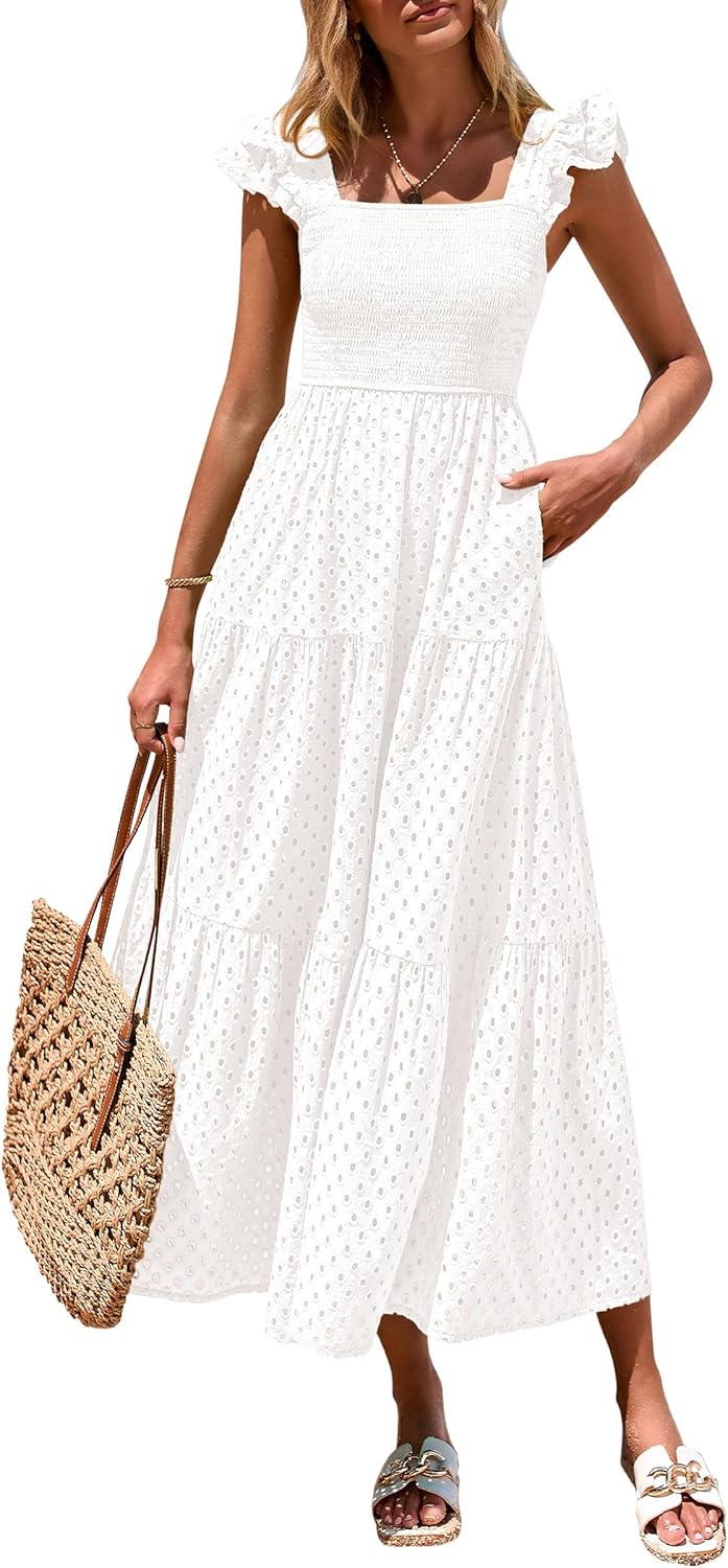 PRETTYGARDEN Womens Summer Square Neck Maxi Dress with Pockets