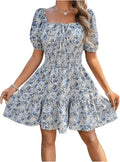Floerns Boho Square Neck Puff Sleeve Tie Front A-Line Dress