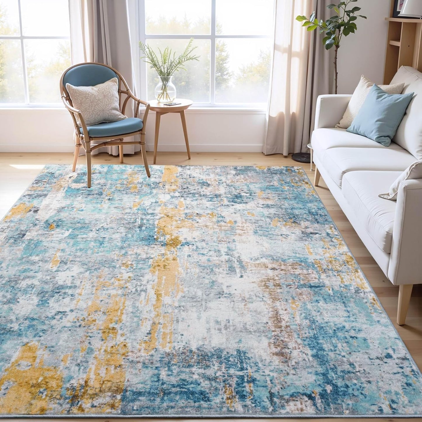 4x6 Blue Area Rug Washable Boho Non-Slip Low Pile Carpet