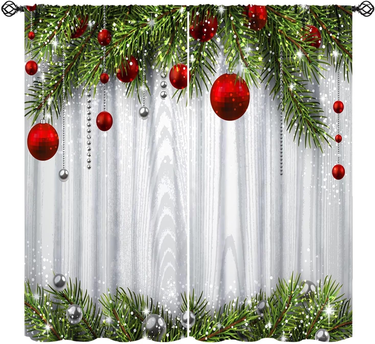 Christmas Baubles Pine Trees Curtains - Festive 42x45in