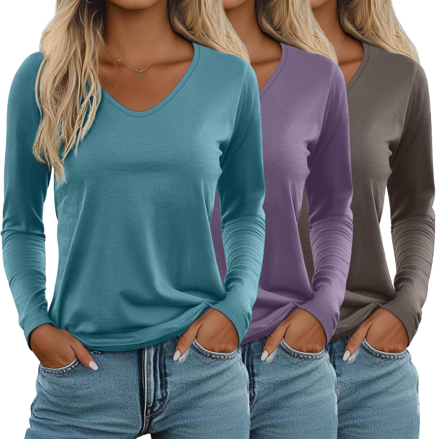 Ficerd Women's Long Sleeve V Neck T Shirts - Casual Trendy Tops