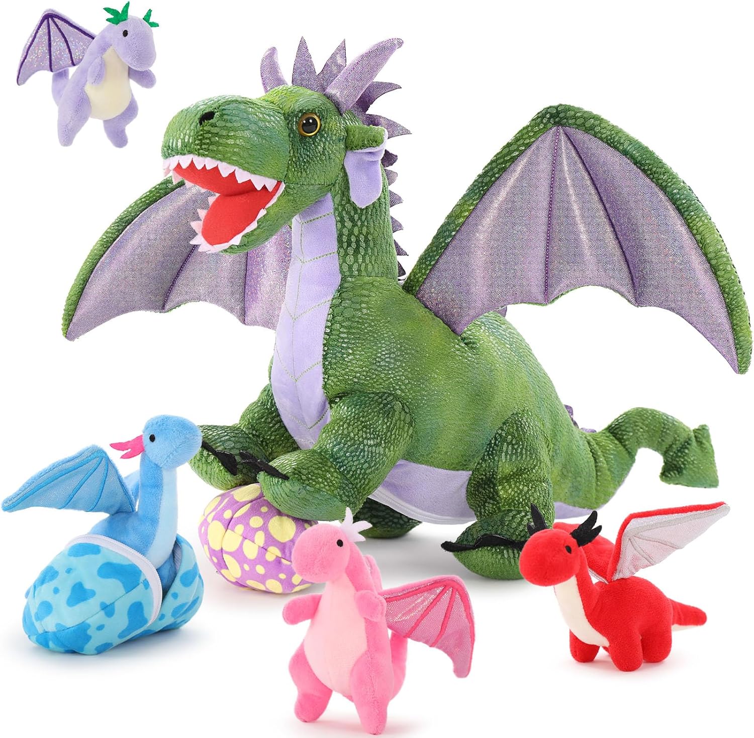MaoGoLan 7 Pcs Dragon Plush Toy Set for Kids - Large Green Dragon