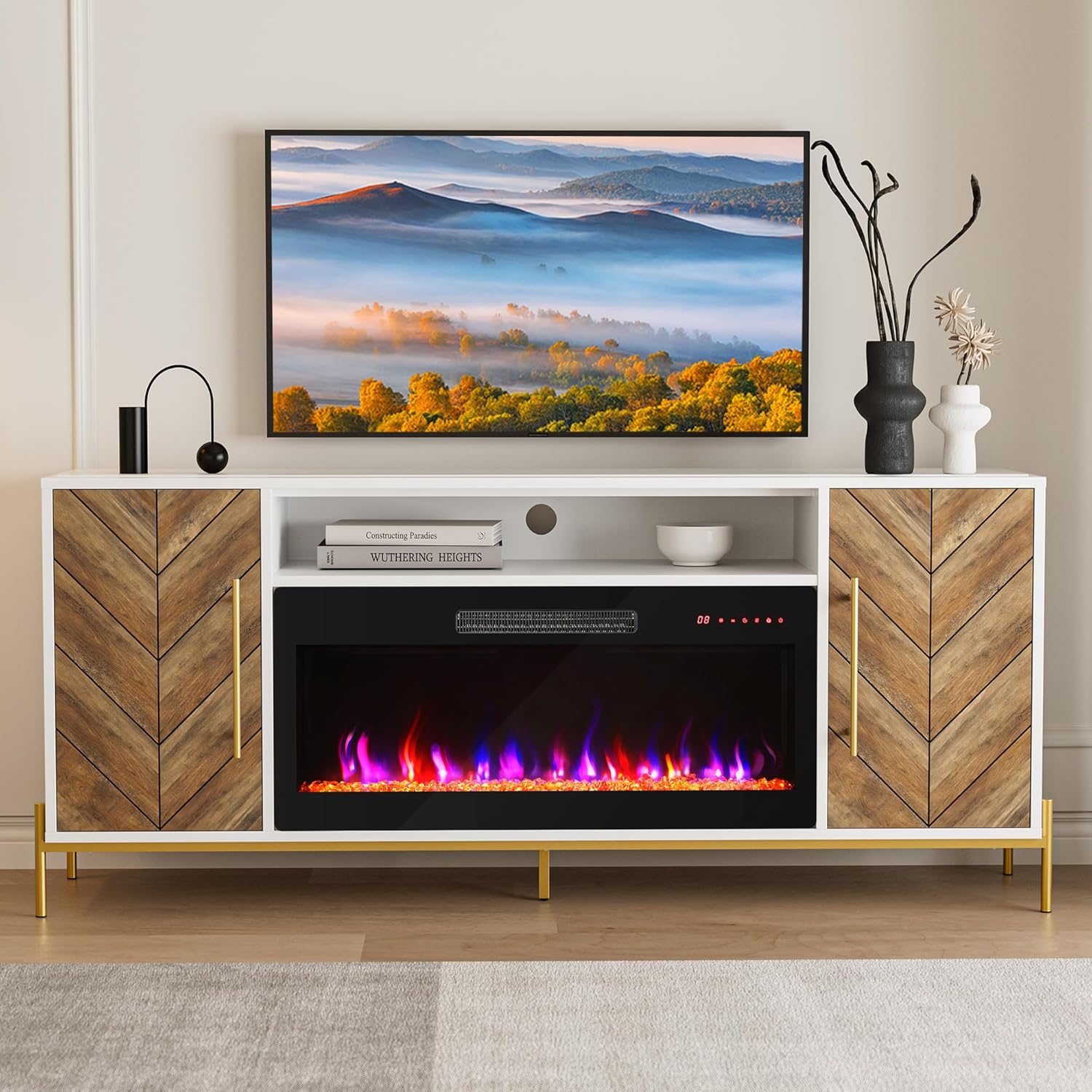 Harper 68 Wood TV Stand with Electric Fireplace