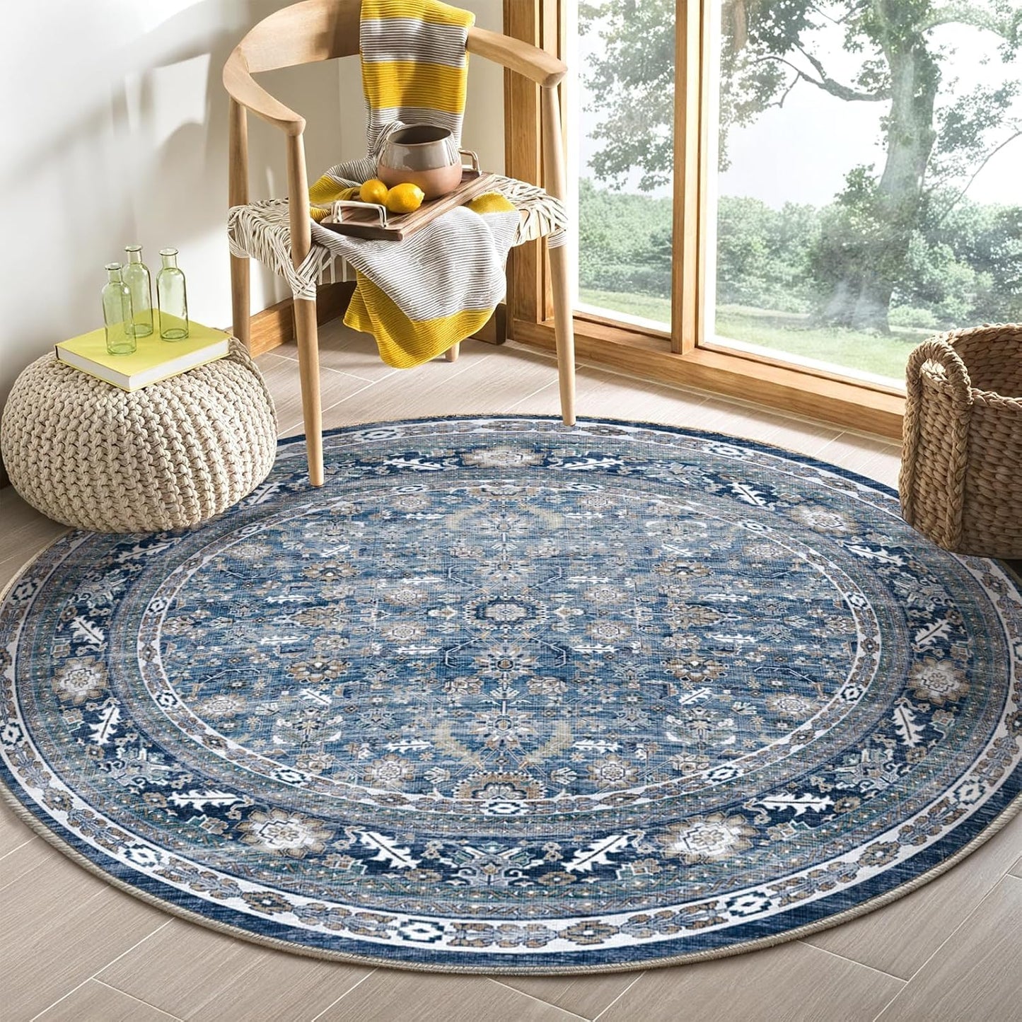 OPPODREAM Vintage Blue Round Rug 3ft for Living Room & Office