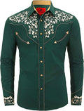 Men's Western Cowboy Snap Button Shirt with Floral Embroidery - Casual