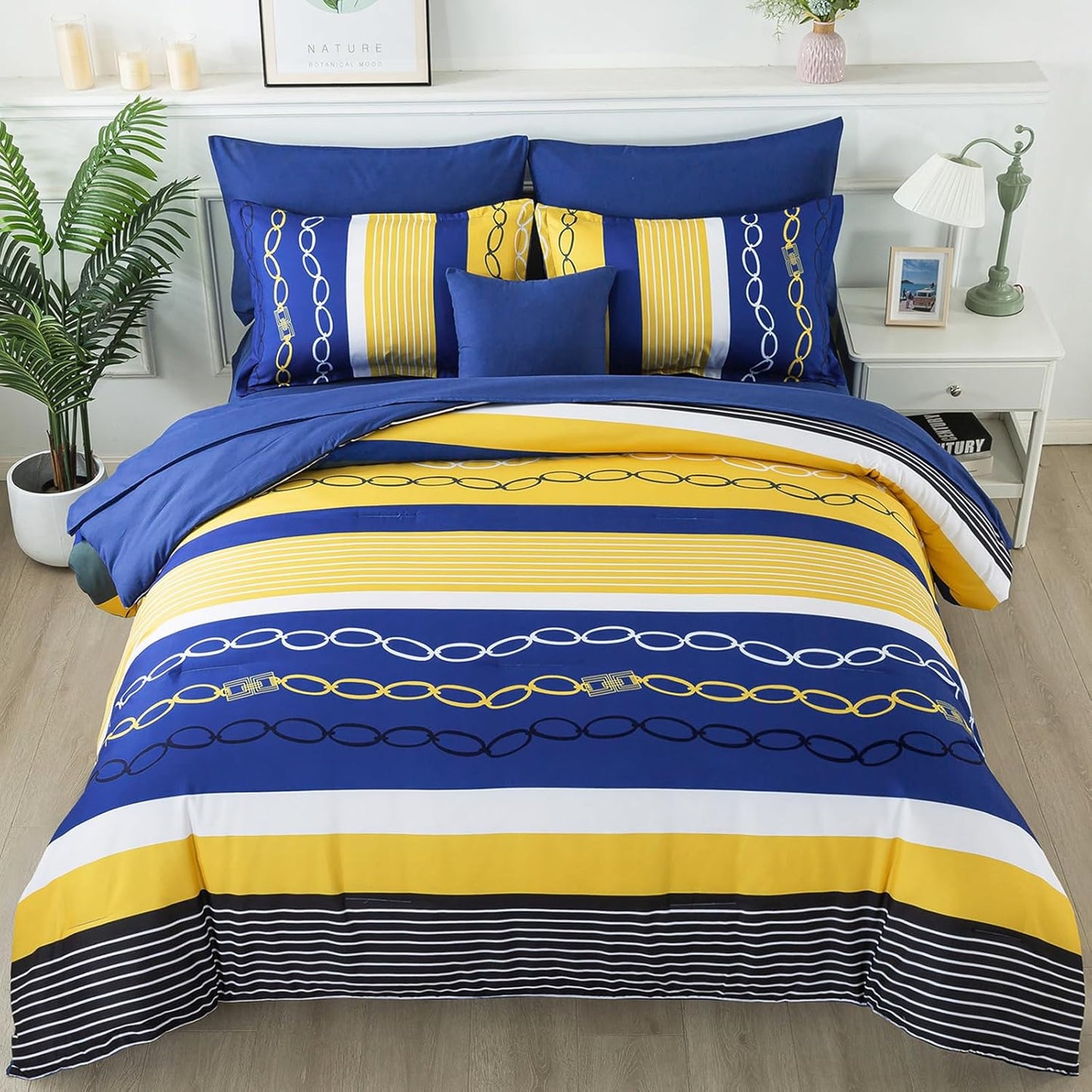 8 Pieces Bed in a Bag Stripe Comforter Set for Queen Size Beds