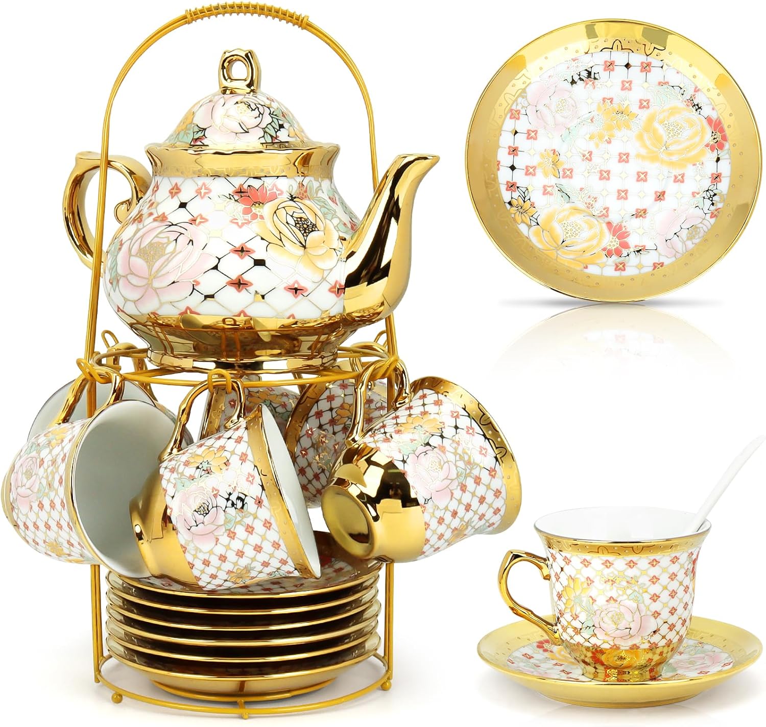 20 Pcs Porcelain Tea Set with Metal Holder for Elegant Tea Parties