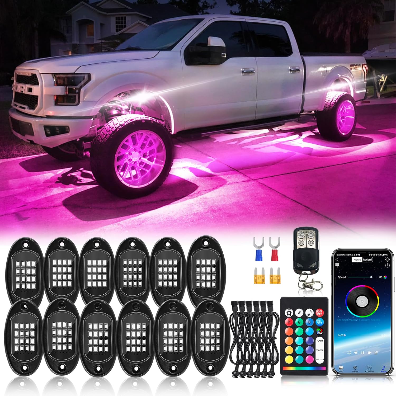 12Pods Segmented RGB LED Rock Lights Kit for Trucks and More