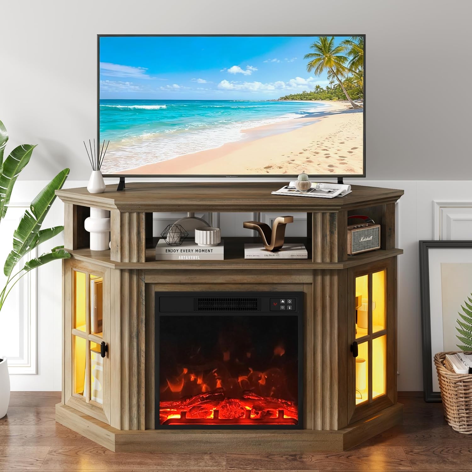 YESHOMY LED Corner Fireplace TV Stand for TVs up to 55 in