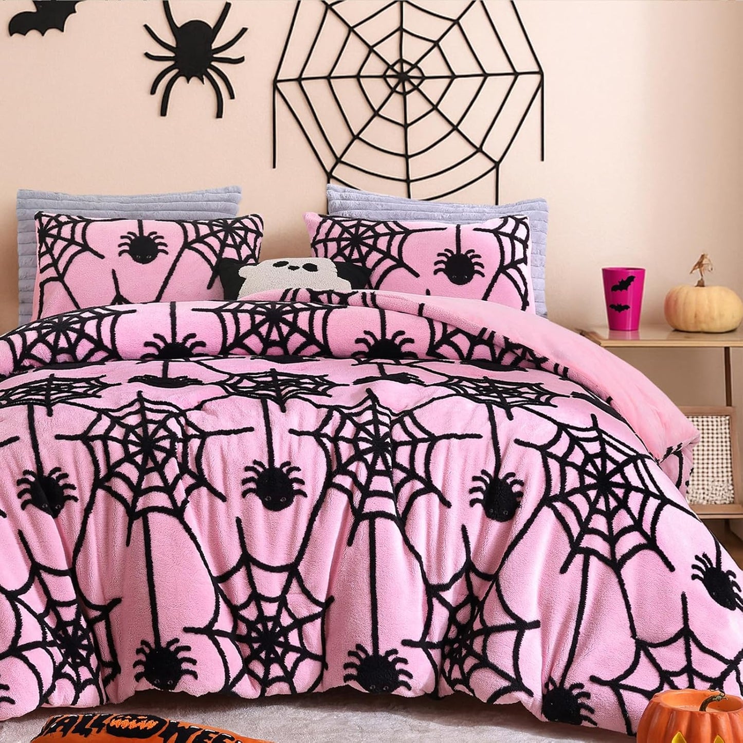 Halloween Comforter Set Queen Size with Spiders and Webs