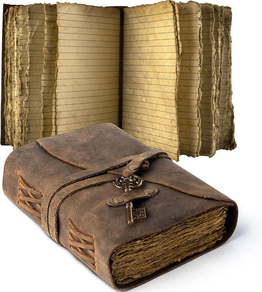Handmade Vintage Leather Journal - Lined Pages + Key - Unique Deckle Edge Paper - Great Gift!