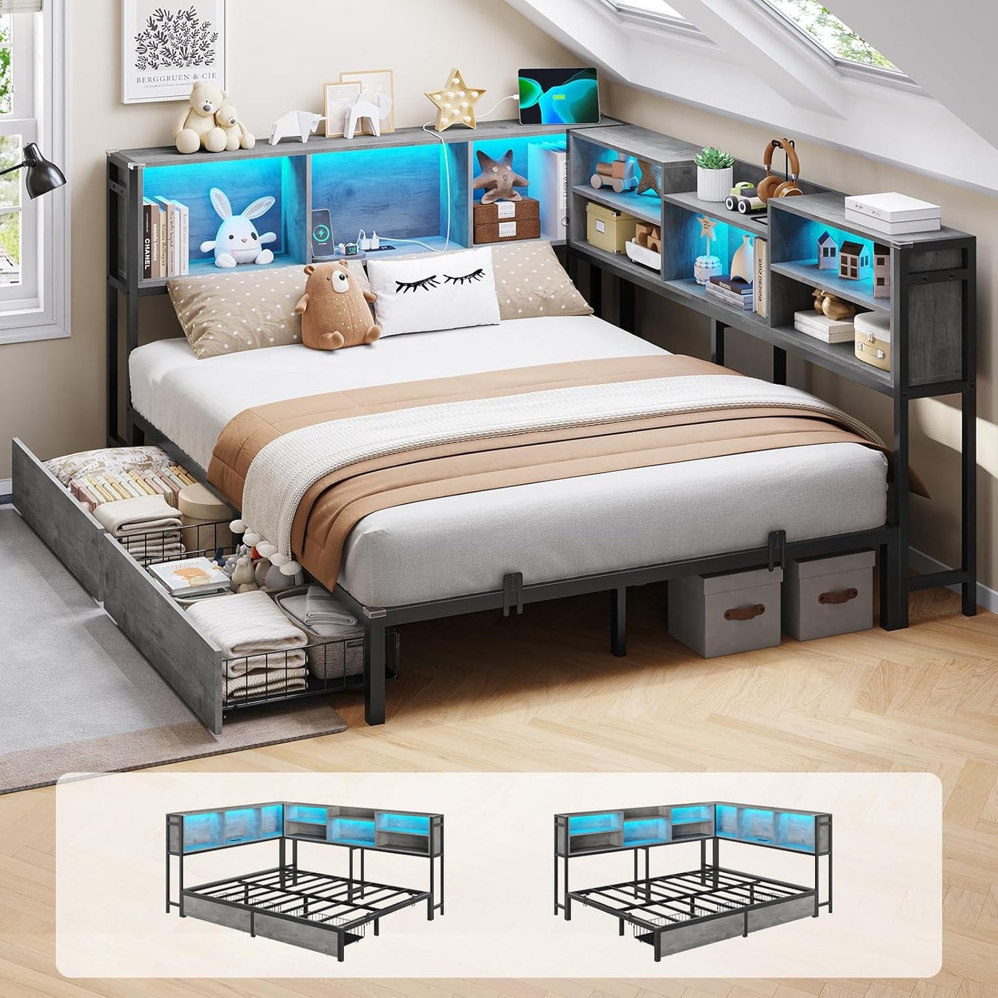 DICTAC Corner Full Bed Frame with Storage and LED Lights