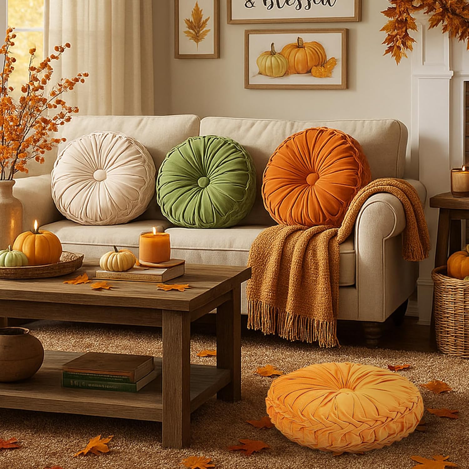 Round Throw Pillows for Couch - Velvet Pleated Accent Cushions