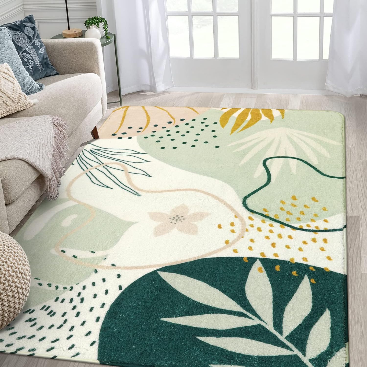 Lahome Green Botanical Print Washable Rugs for Living Room