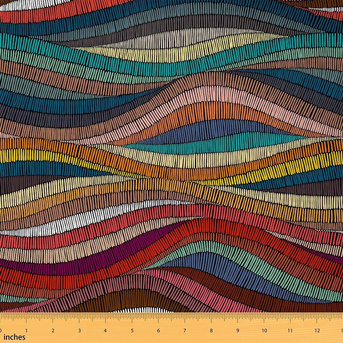 Boho Wavy Upholstery Fabric - Rainbow Embroidered Waves 5 Yards