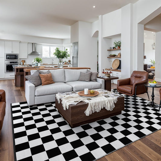 Seavish Checkered Rug - Modern Cotton Woven 8x10 Area Rug