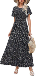 Kranda Women 2025 Crewneck Smocked Floral Maxi Dress - Flowy Fit Shoes