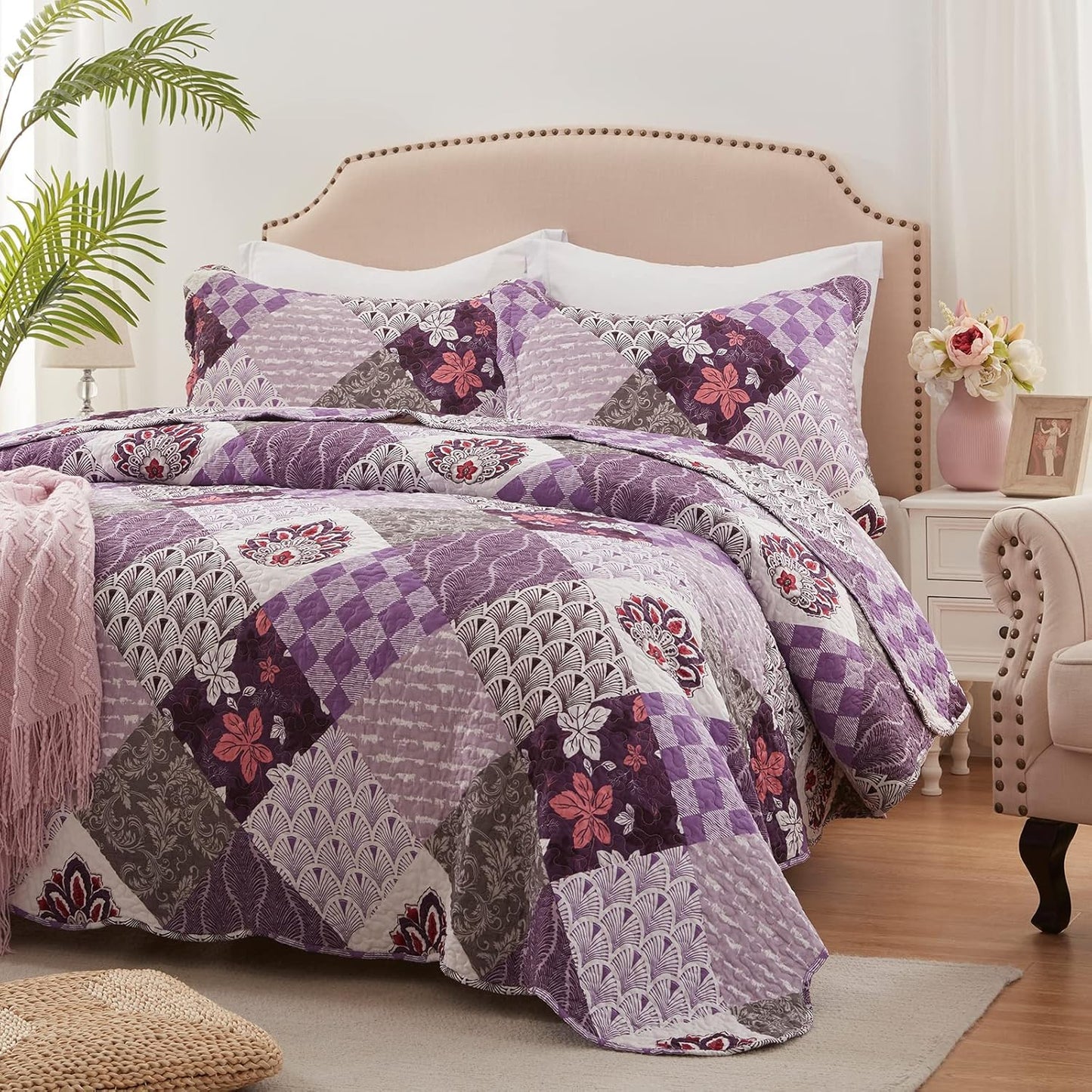 King Size Quilt Set 3 Pieces Lightweight Reversible Bedspread