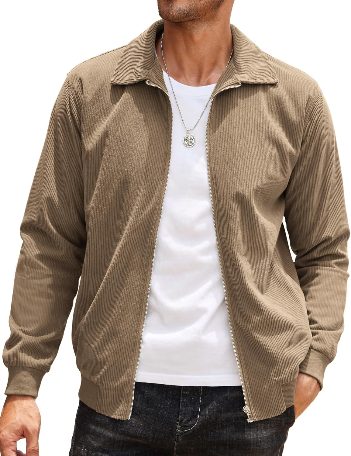 Men's Casual Corduroy Jacket Lightweight Zip Up Vintage Style