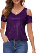 Womens Sparkly Sequin V Neck Cold Shoulder Top - Dressy Party Wear