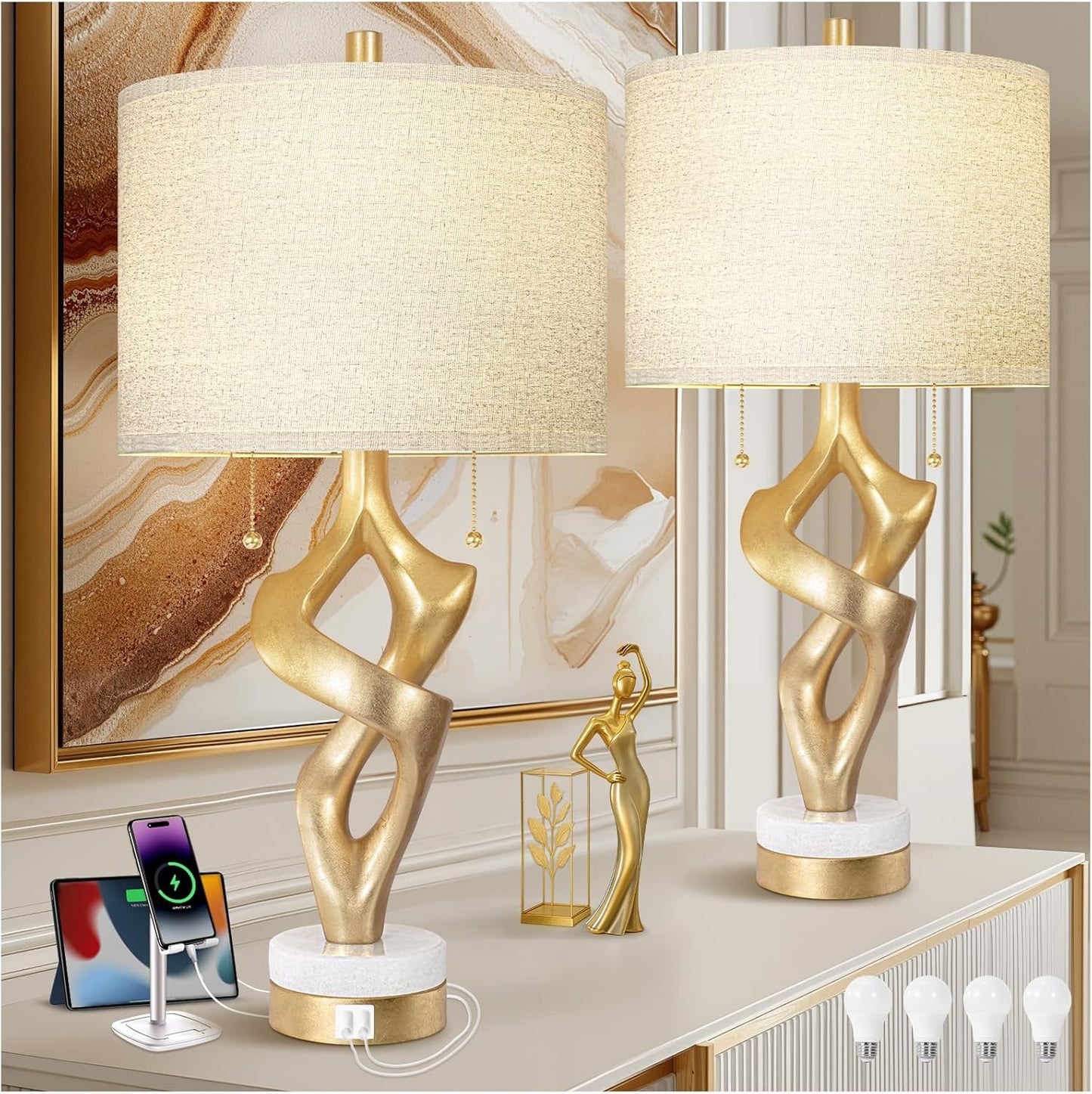 Sculptural Table Lamp Set of 2 with USB Ports for Modern Decor