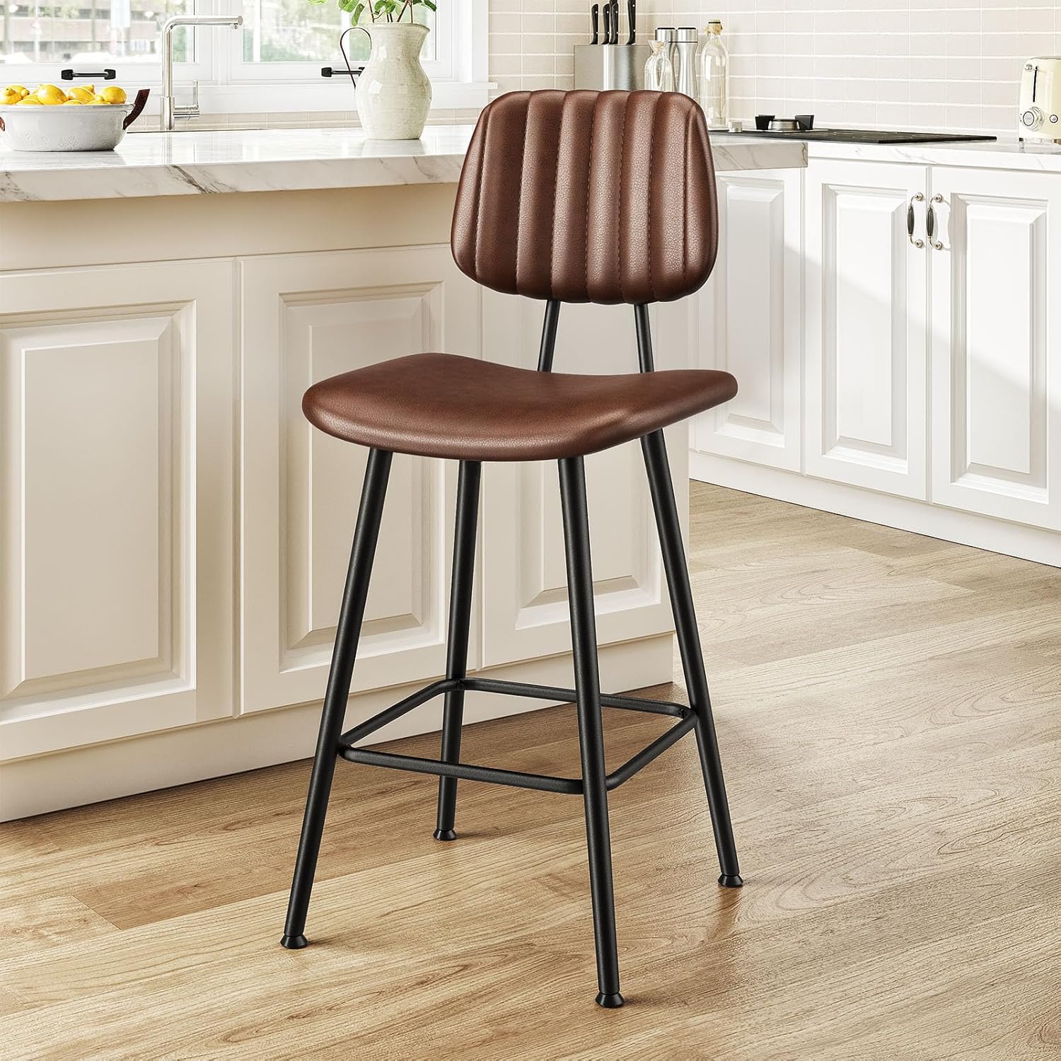 24-Inch Leather Bar Stools with High Backrest for Comfort