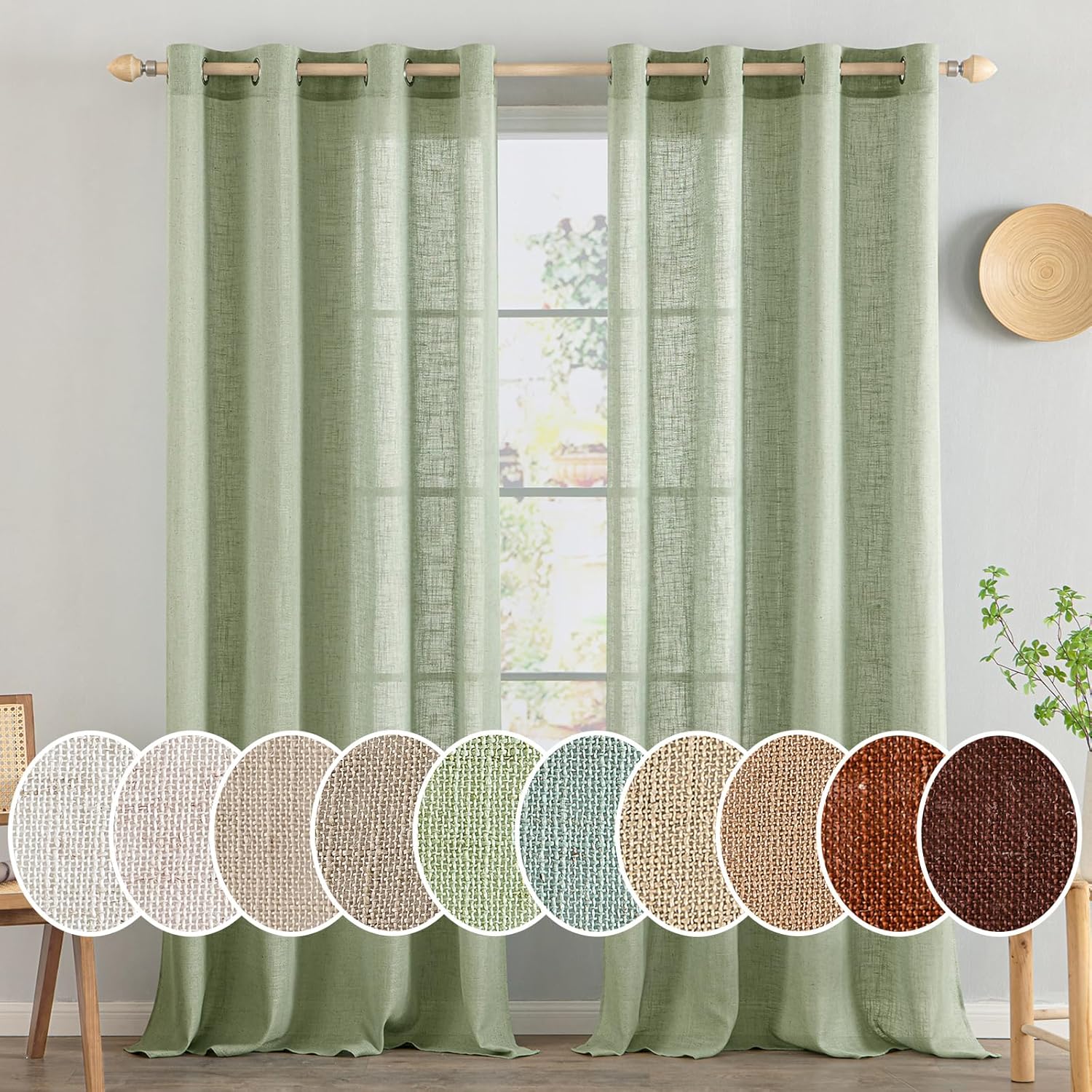 MIULEE Sage Green Linen Curtains 90 Inch Long for Home Decor