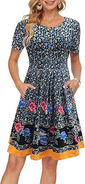 Women's Pleated Short Sleeve Swing Casual Dress with Pockets - Knee