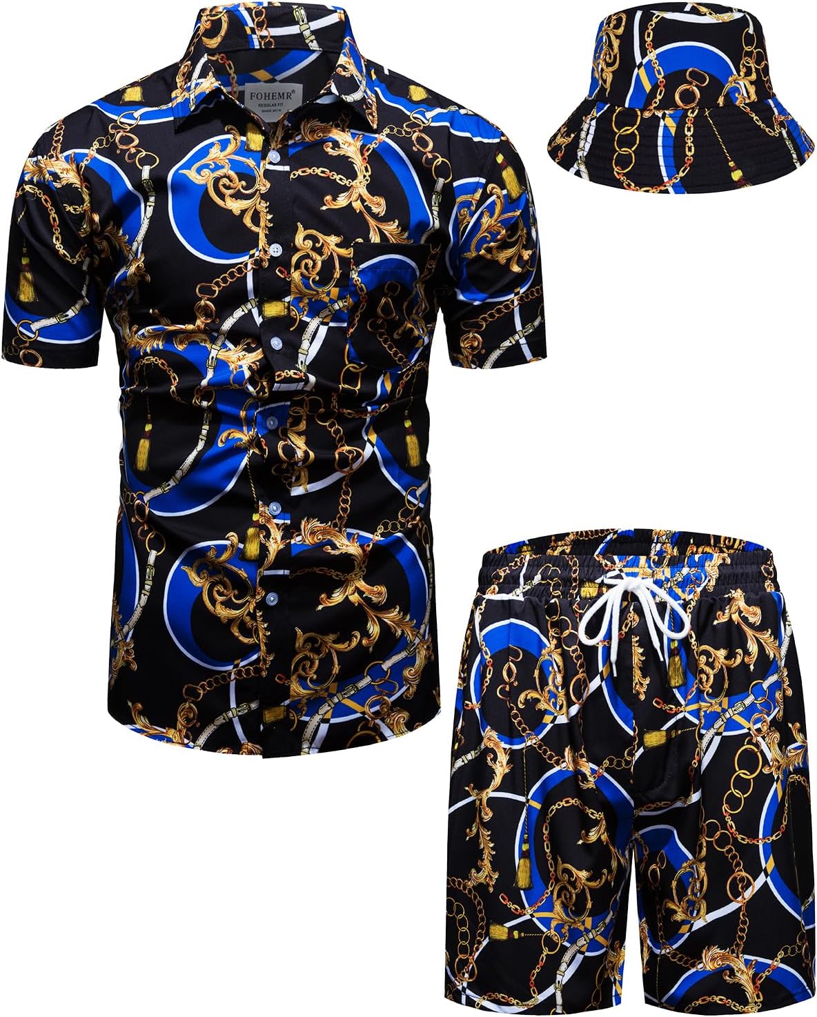 Mens Luxury Outfit Set Black Gold Baroque Tracksuit with Hat