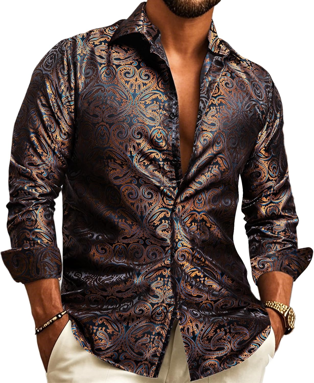 Barry.Wang Men's Dress Shirt Paisley Silk for Formal Events