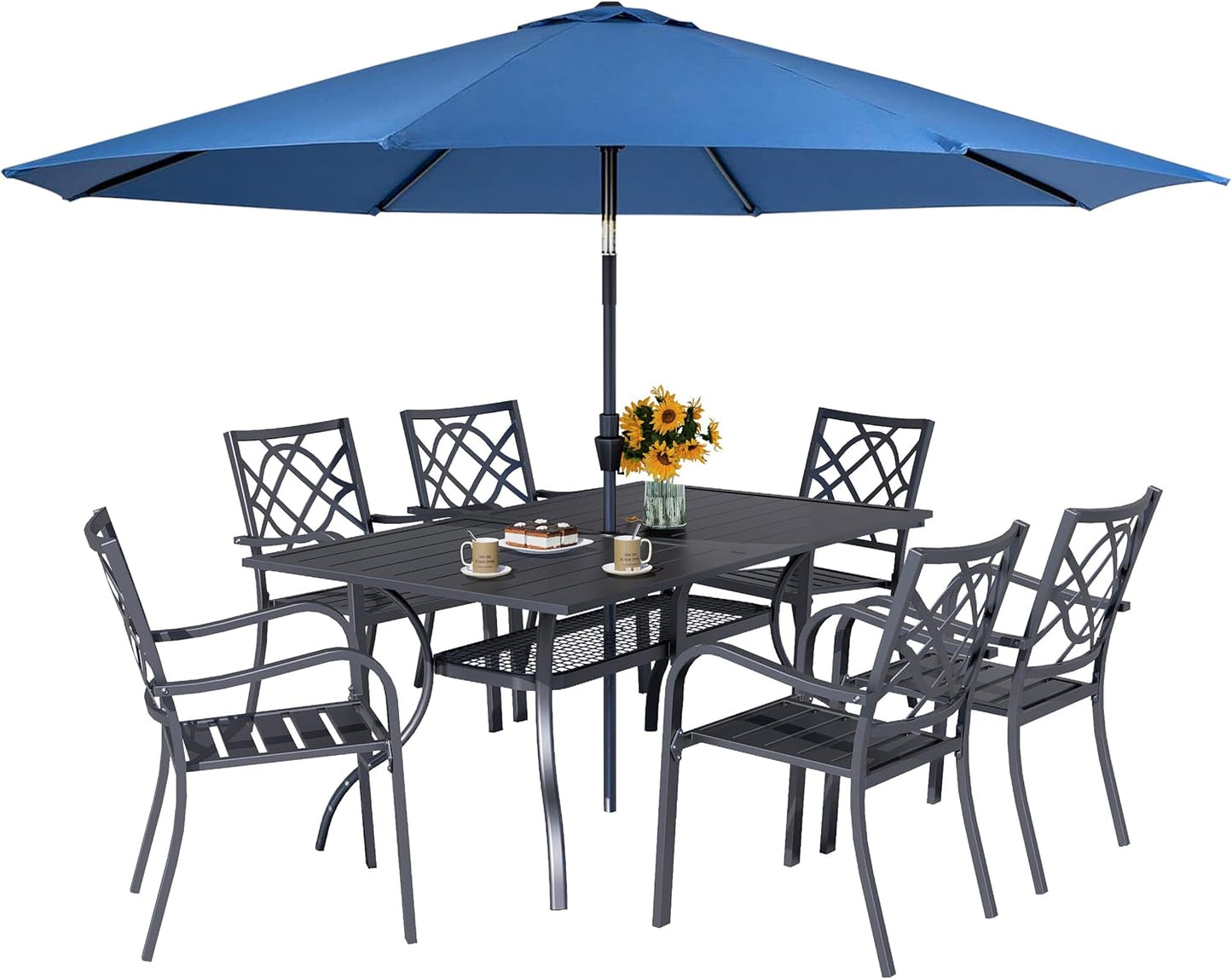 Oakcloud 7-Piece Patio Dining Set with Dark Blue Umbrella