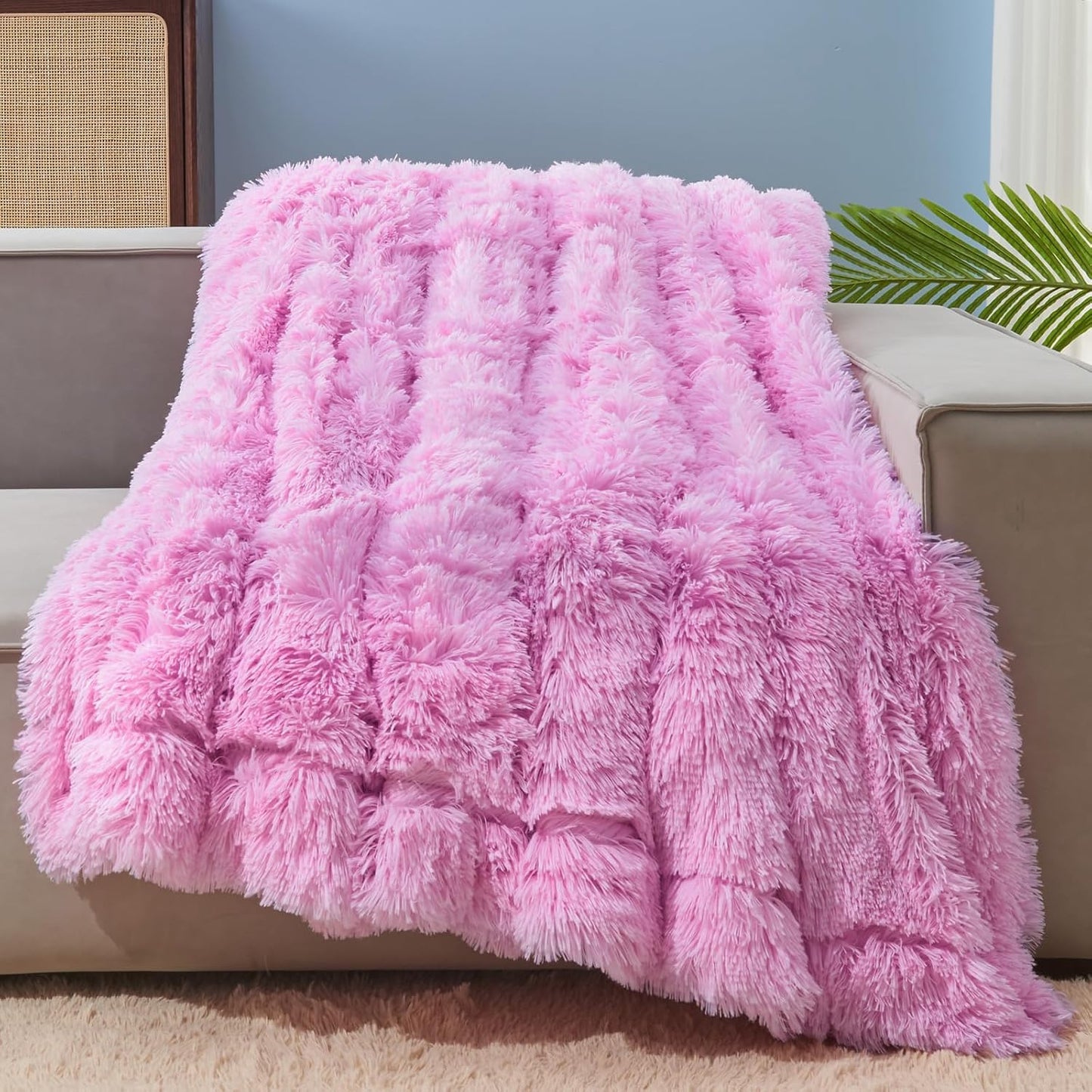GONAAP Fuzzy Faux Fur Throw Blanket Twin Size Light Pink Cozy