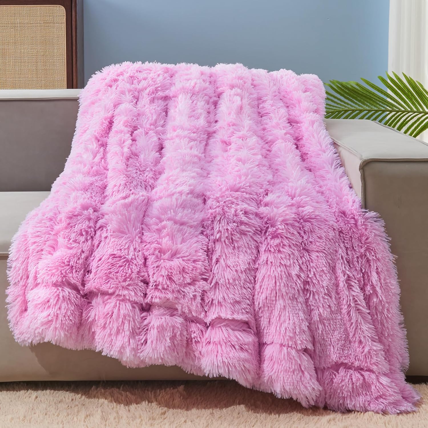 GONAAP Fuzzy Faux Fur Throw Blanket Twin Size Light Pink Cozy
