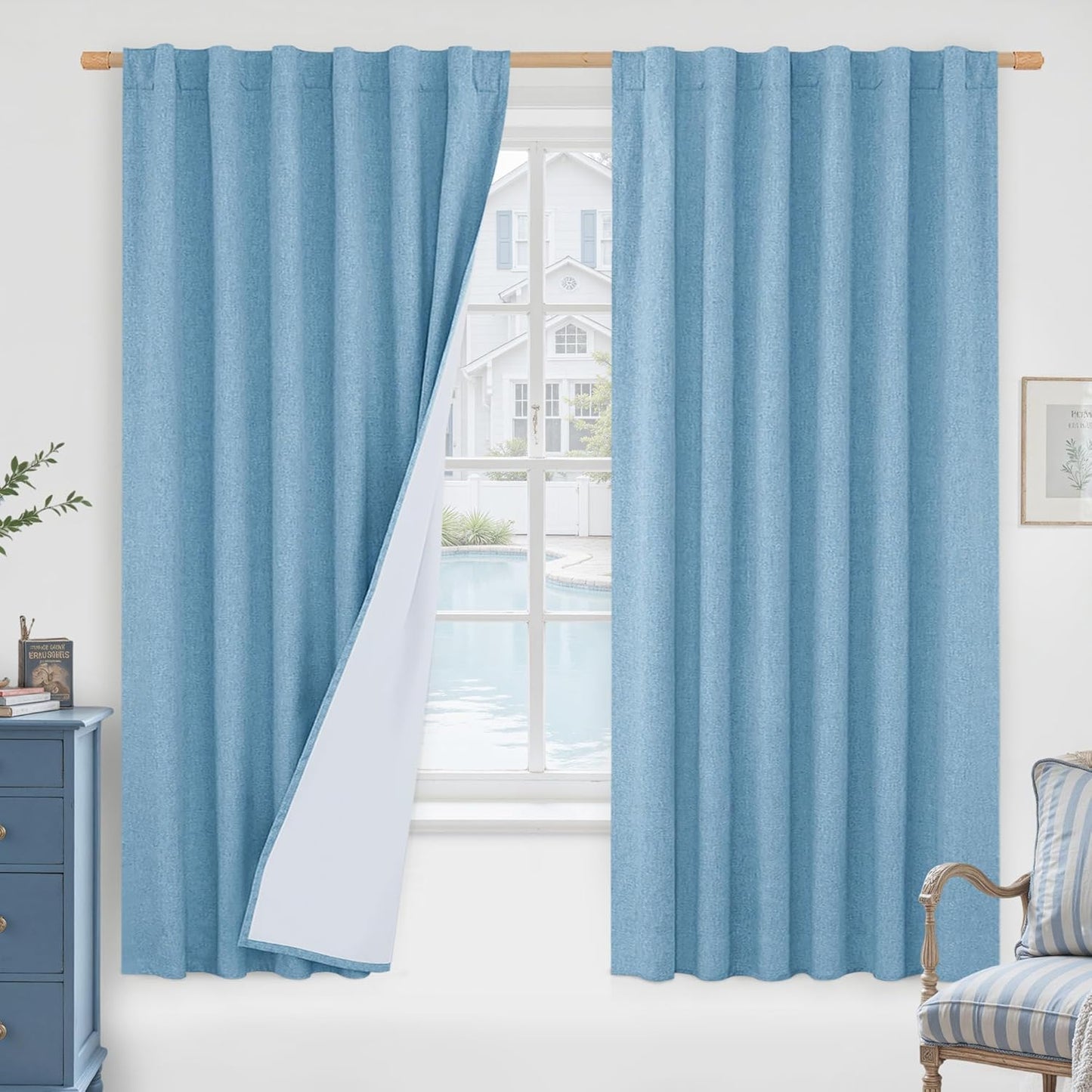 100% Blackout Blue Linen Curtains for Boys' Room - 63 in Panels