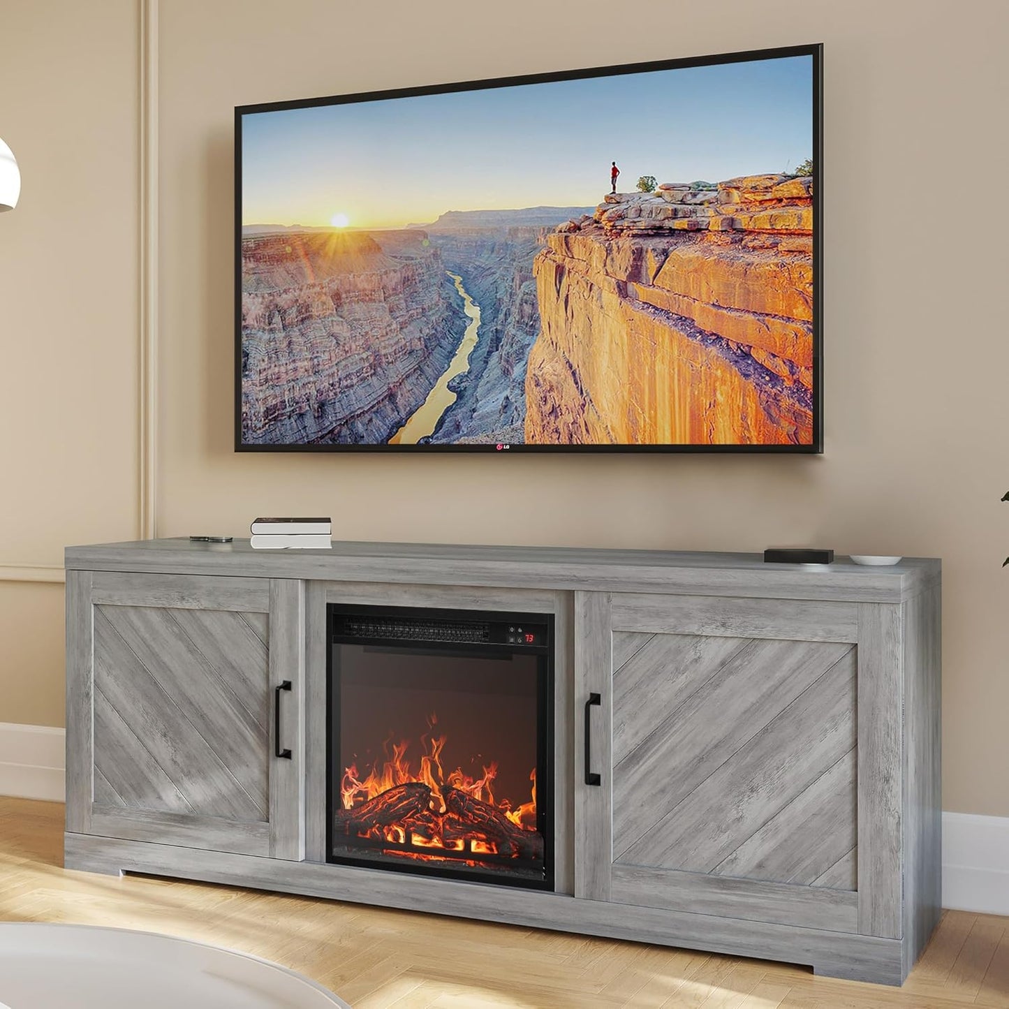 BELLEZE 58 Farmhouse TV Stand with Electric Fireplace - Stylish Storage Console