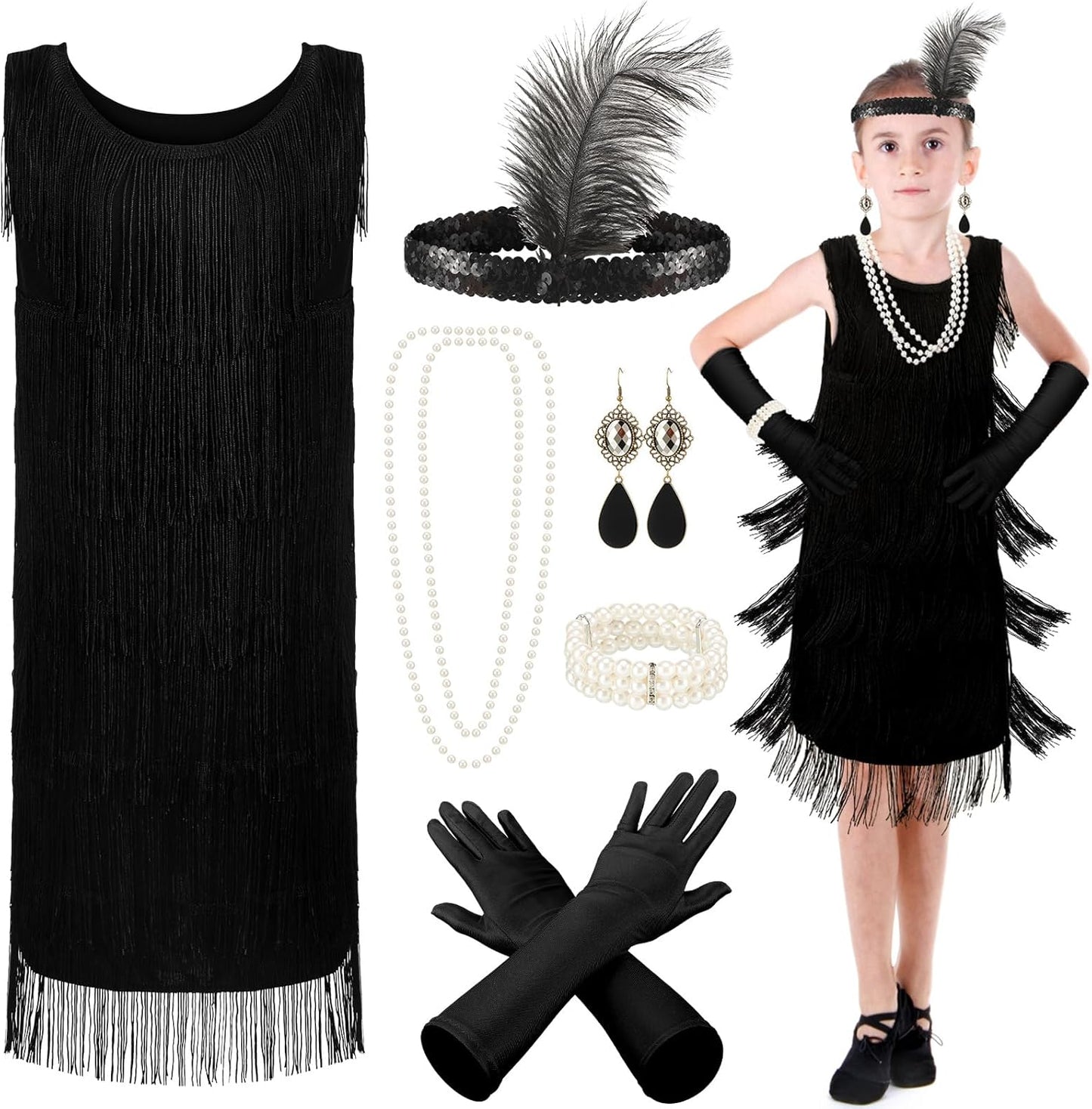 6 Pcs Girls Roaring 20s Flapper Dresses Costume Set for Fun