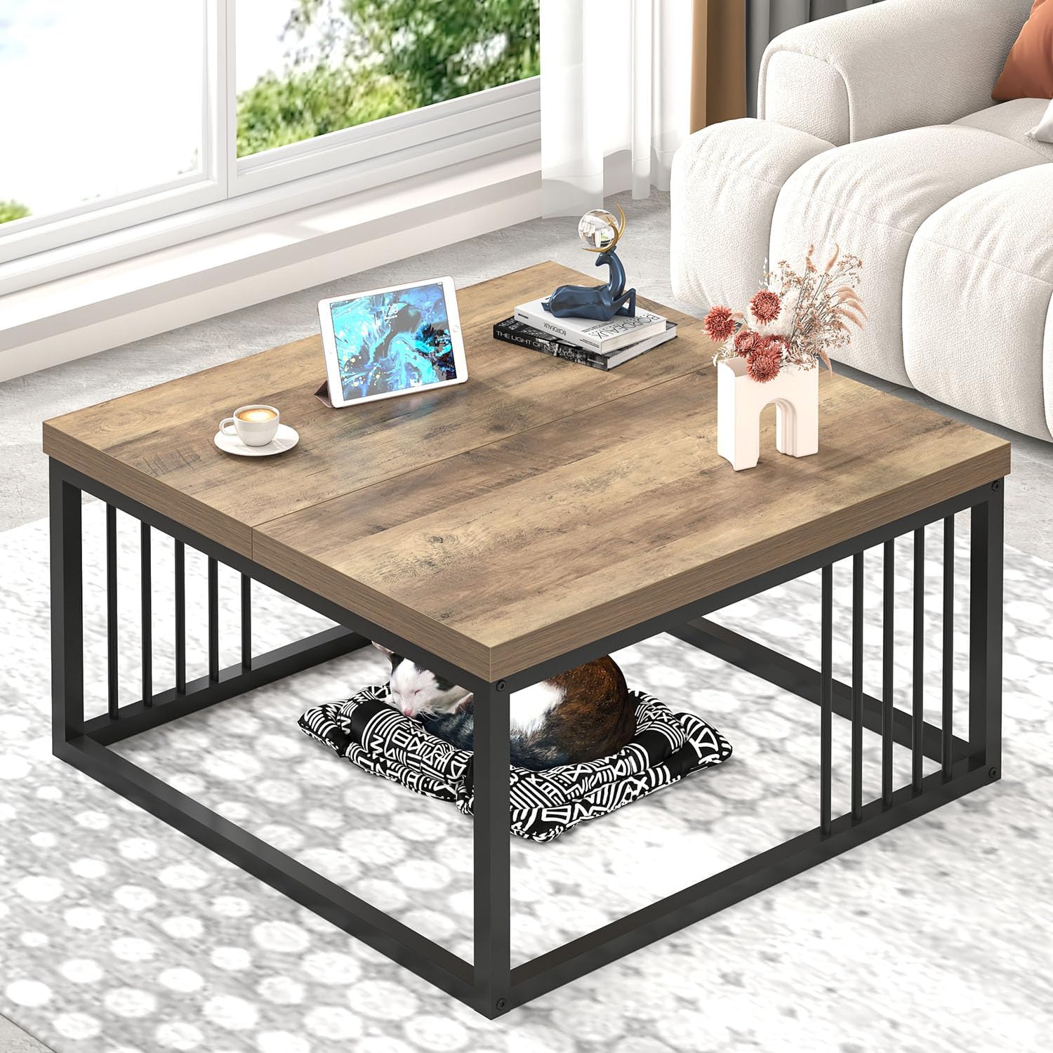 Modern Industrial Rustic Coffee Table, 31.5 Oak