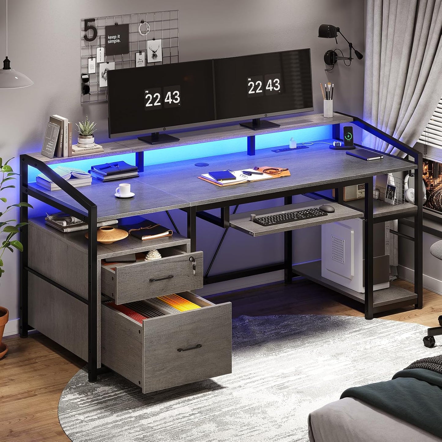 SEDETA Gaming Desk with Lockable Drawers & LED Lights