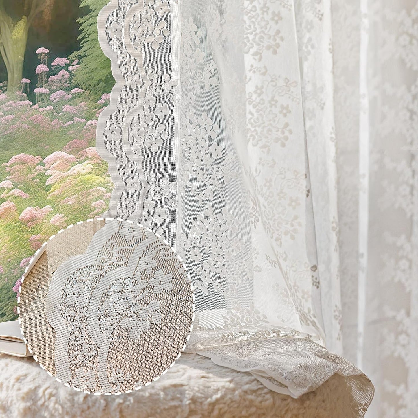 Romantic Vintage Lace Curtains Set | Elegant Window Drapes with Bow Ties