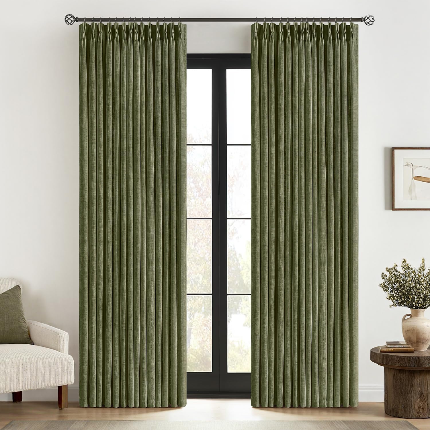 MIULEE Olive Green Pinch Pleated Linen Curtains for Elegant Homes