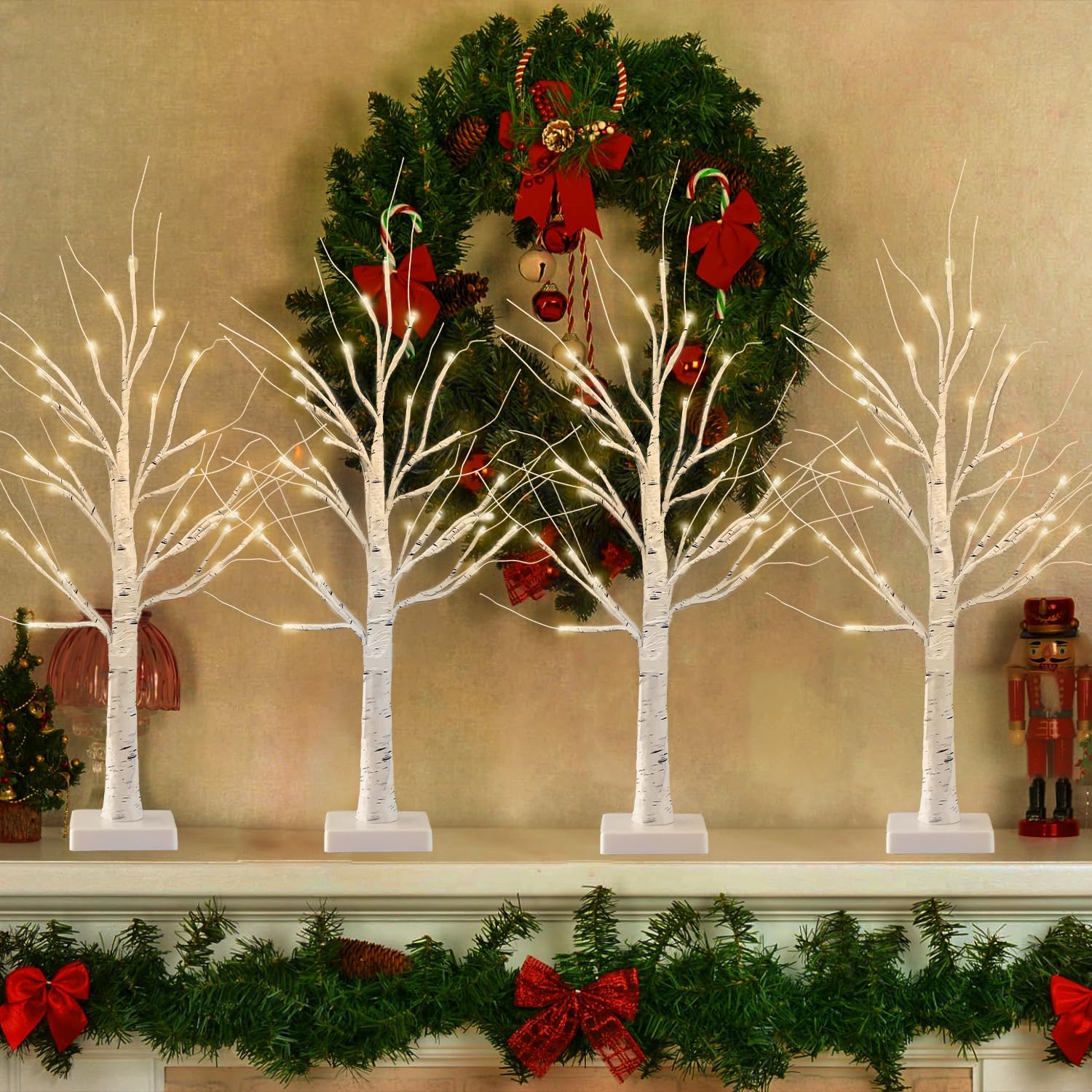 Lighted Birch Tree 4-Pack for Christmas Decor with Timer