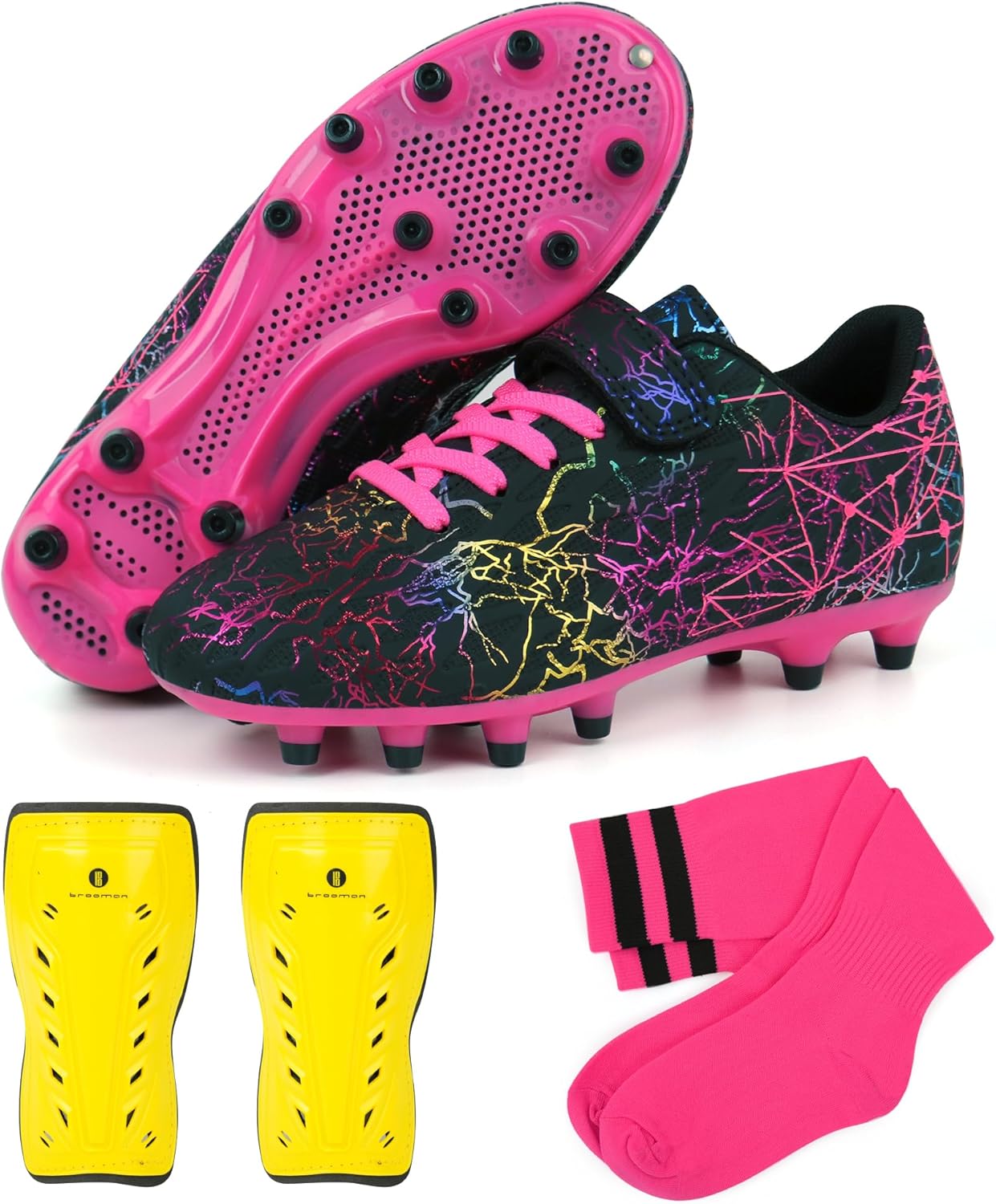 Kids Firm Ground Soccer Cleats with Shin Guards and Socks