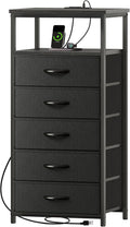 Black 5-Drawer Tall Dresser with Charging Station - Compact Vertical